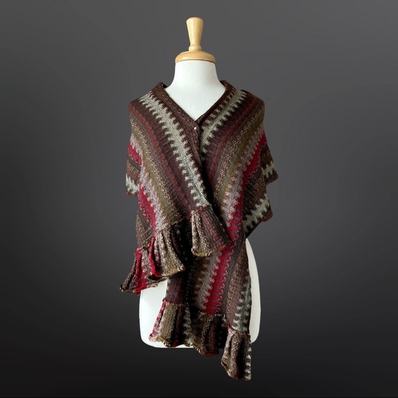 Ruffle Scarf Striped Shawl in Brown, Red, and Ivory - Picture 8 of 8